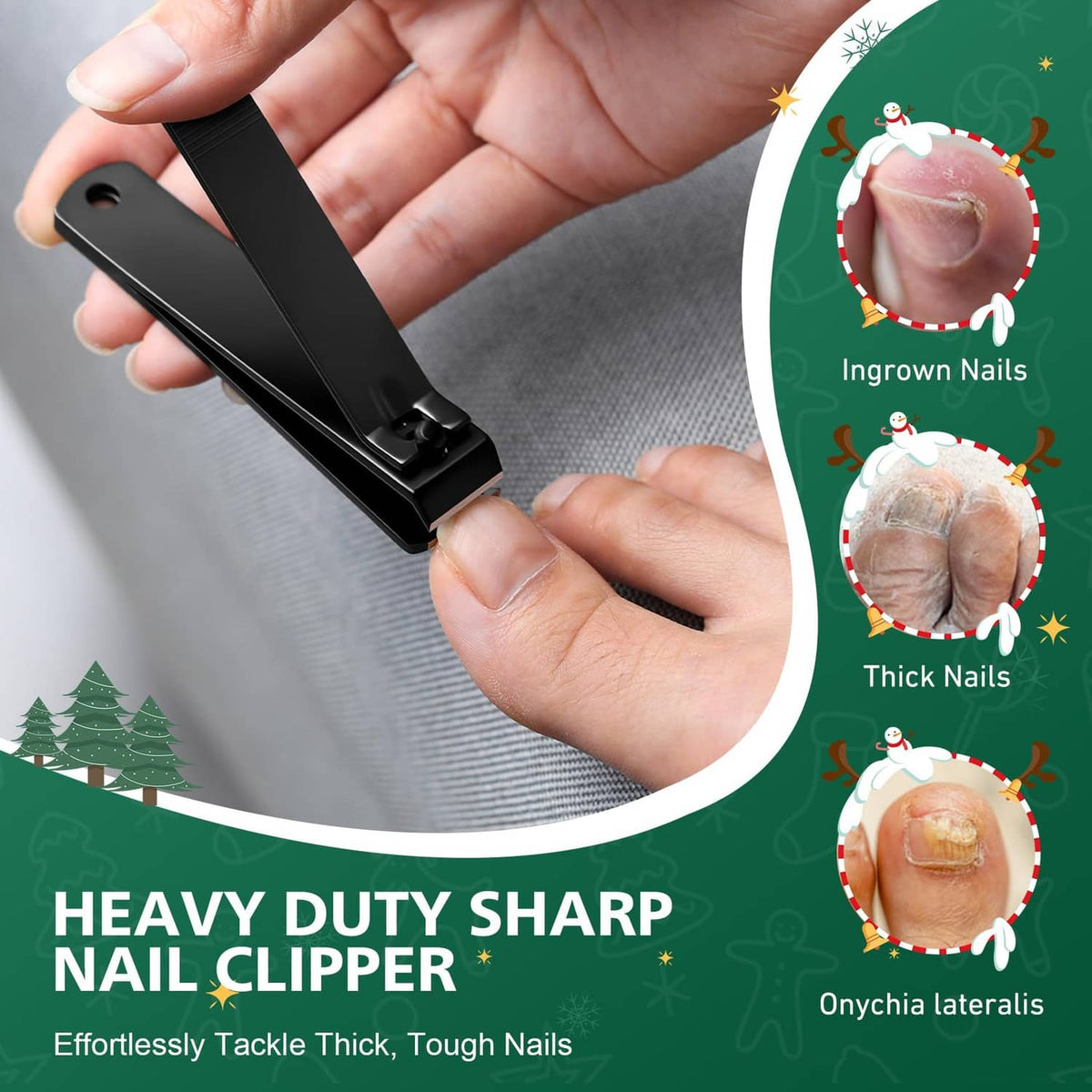 Black toenail clipper with straight edge and lever, close-up cutting head