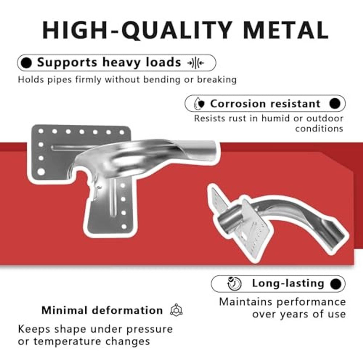 Metal tubing elbow bend support bracket with nail flange plate, shiny silver