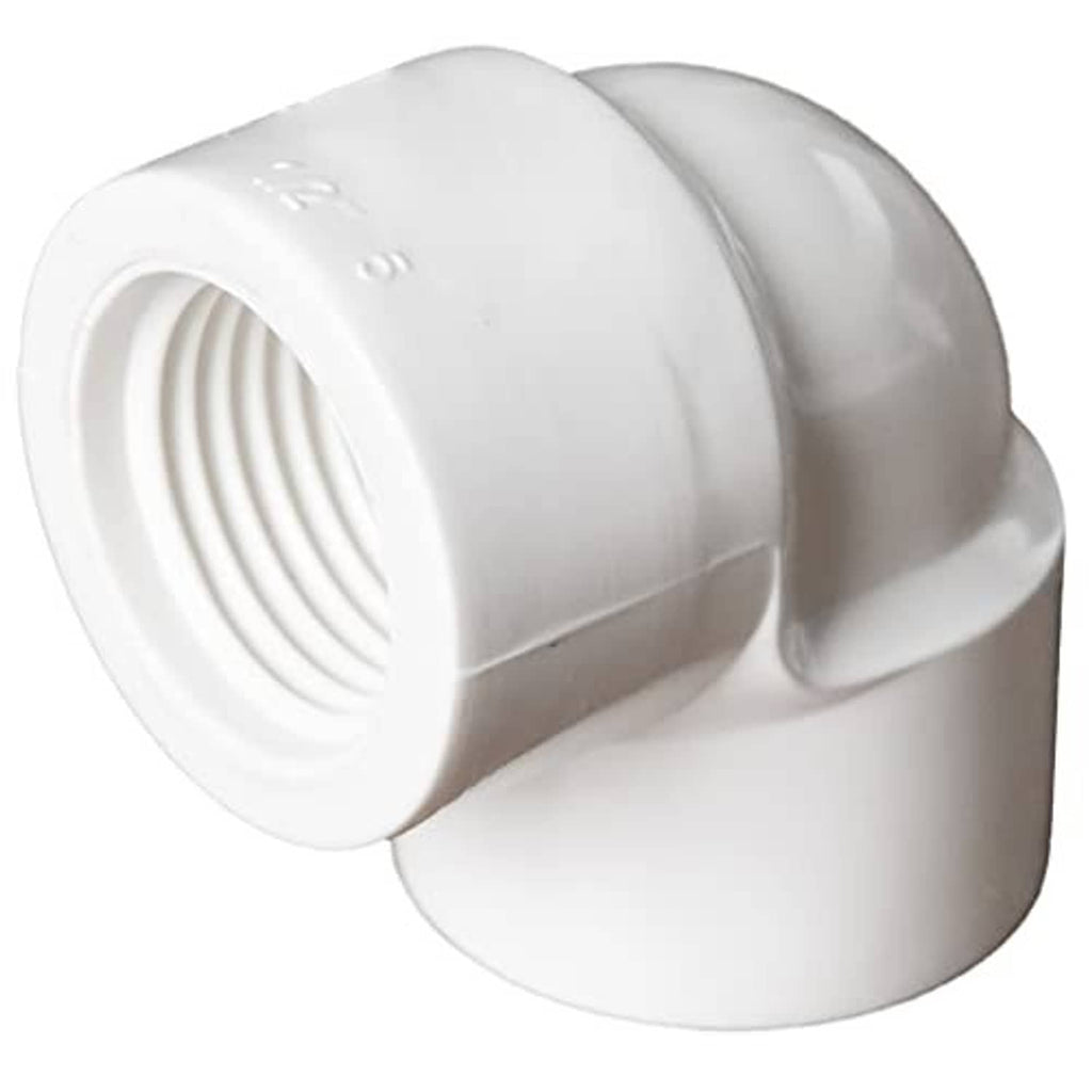 White PVC 90° elbow coupling close-up with smooth exterior and threaded FIPT end.