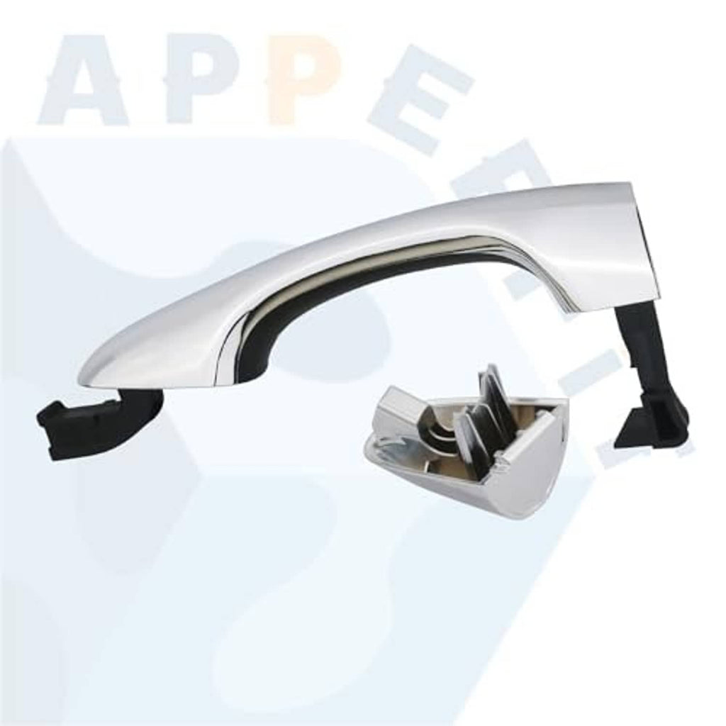 Exterior door handle with silver cover and open black mounting hardware
