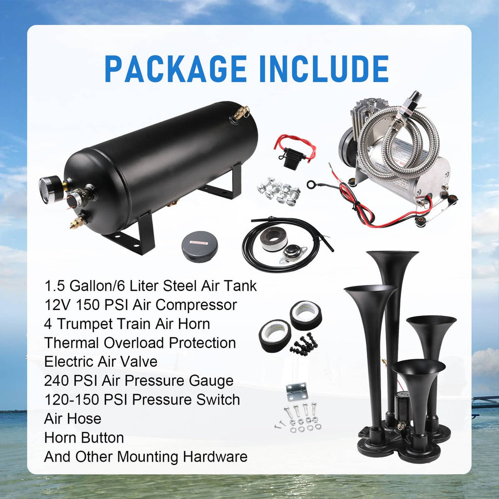 Black air horn kit contents: four trumpets, tank, compressor, hose, and hardware