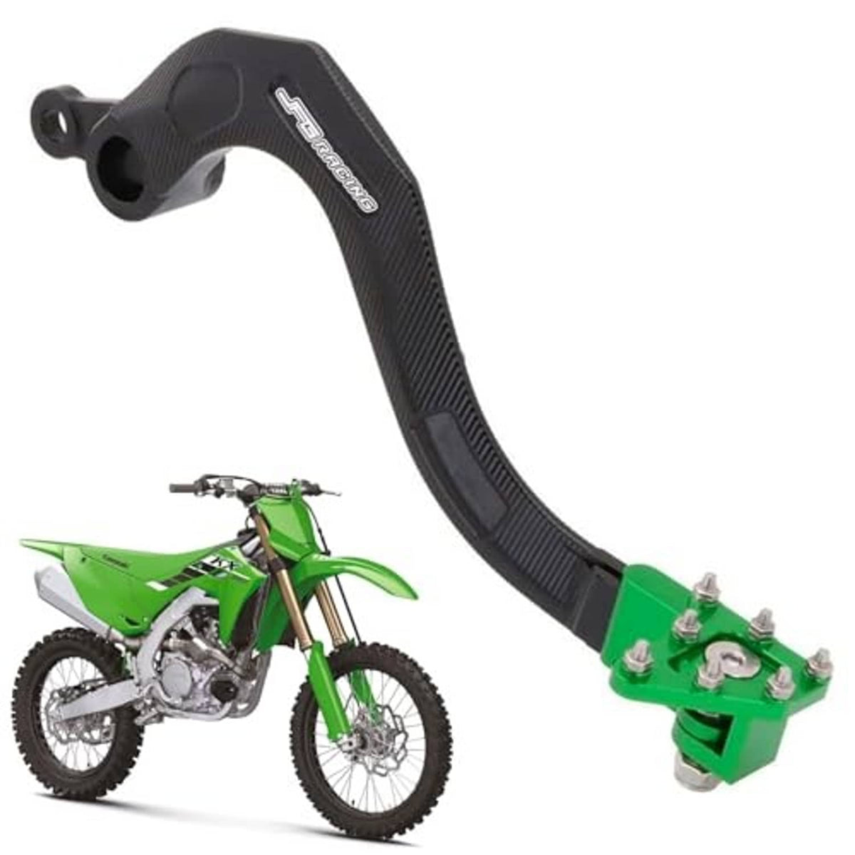 Textured black folding brake pedal lever with green pivot bracket and mounting bolts
