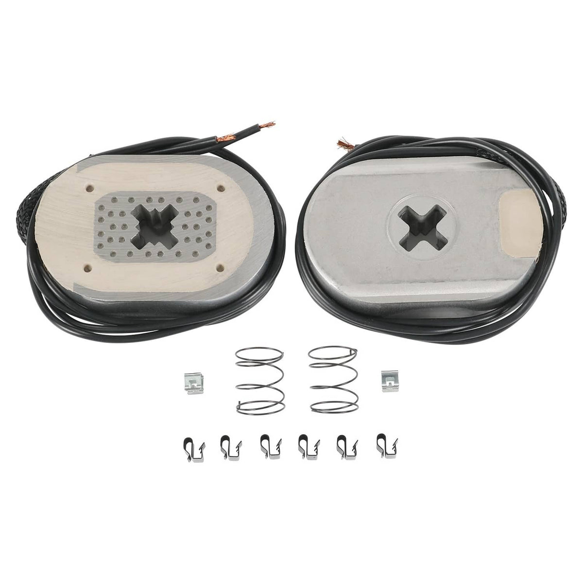 Electric trailer brake magnet kit, two oval magnets with black wire leads and connector pieces