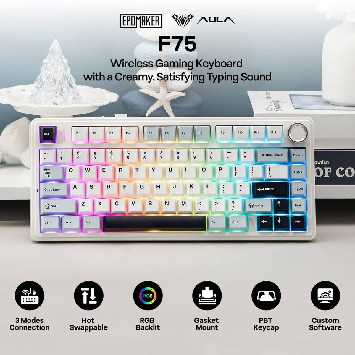 Wireless gaming keyboard with RGB backlighting and light blue keycaps
