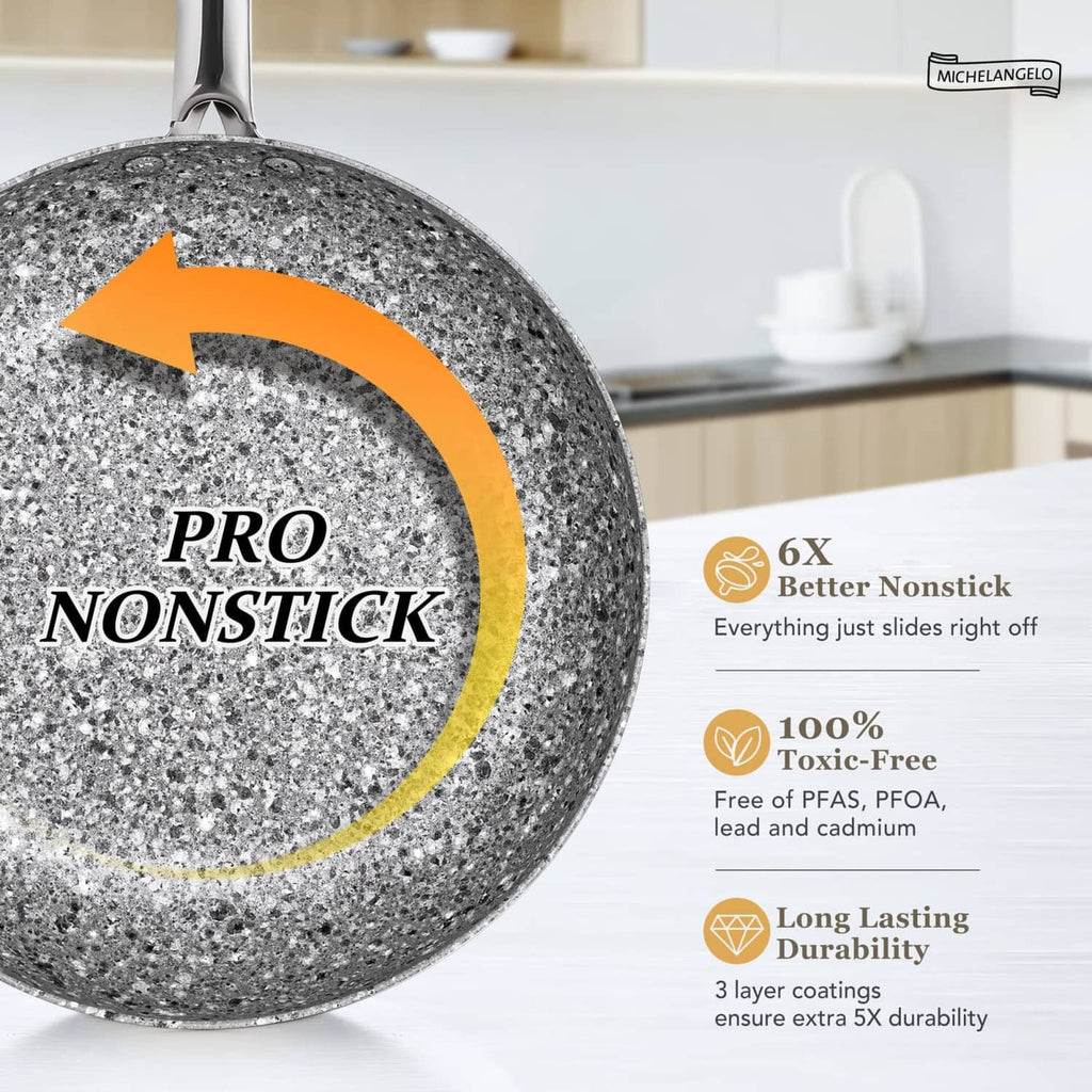 8-in gray granite nonstick skillet, close-up of speckled side wall.