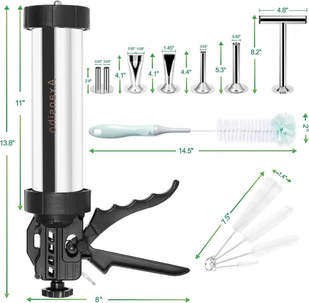 Jerky gun kit with size diagram for cannon, nozzles, brush, and pusher