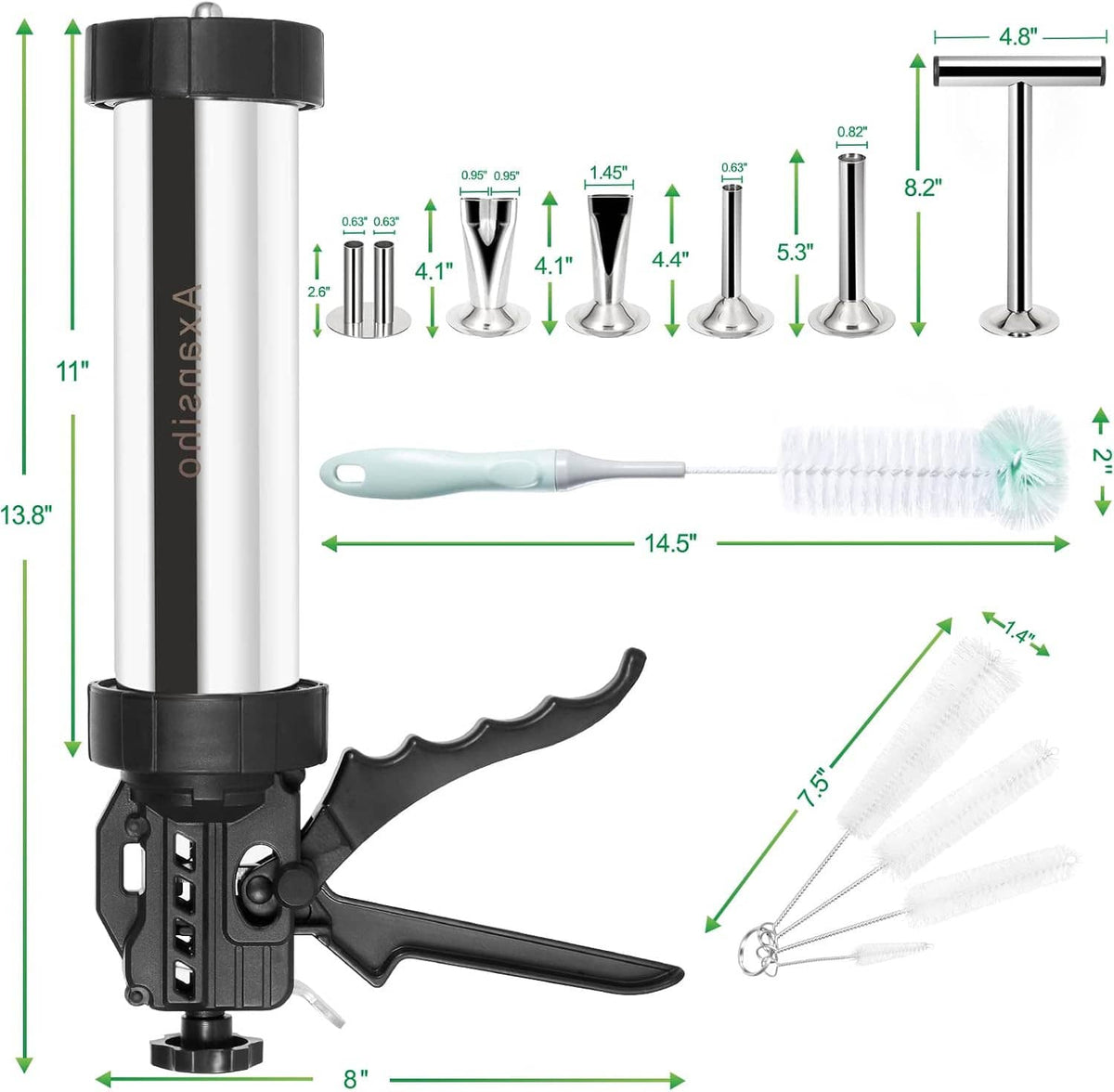 Jerky gun kit with size diagram for cannon, nozzles, brush, and pusher