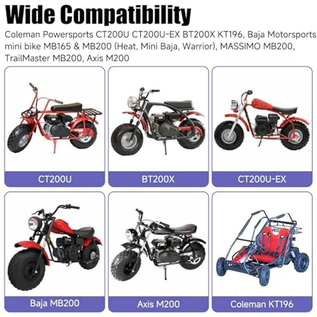 Mini dirt bike lineup showing chain sprocket compatibility across models