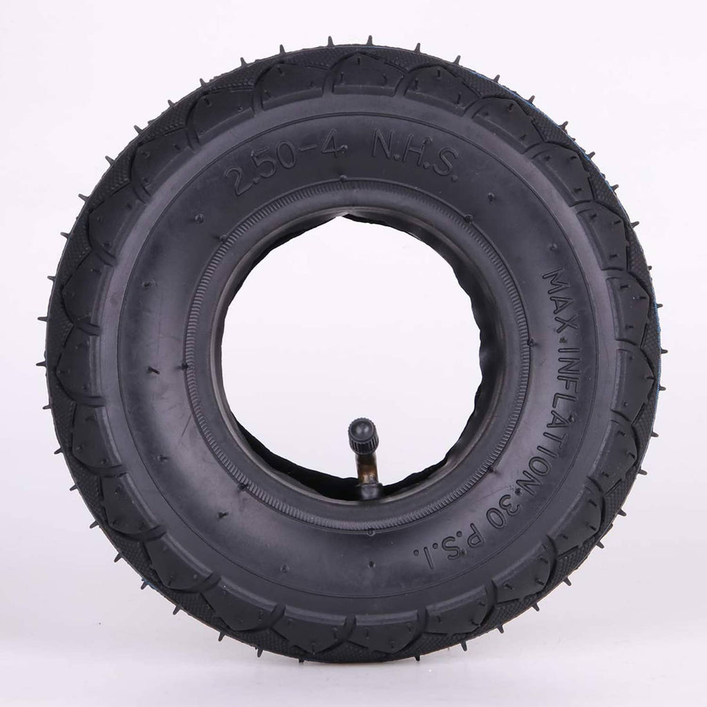 Black tire and inner tube with valve, 2.50-4 N.H.S size marking