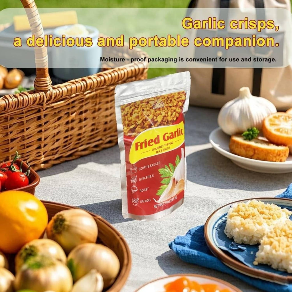 VIGOROUS MOUNTAINS garlic crisp pouch on table with basket and bread plate