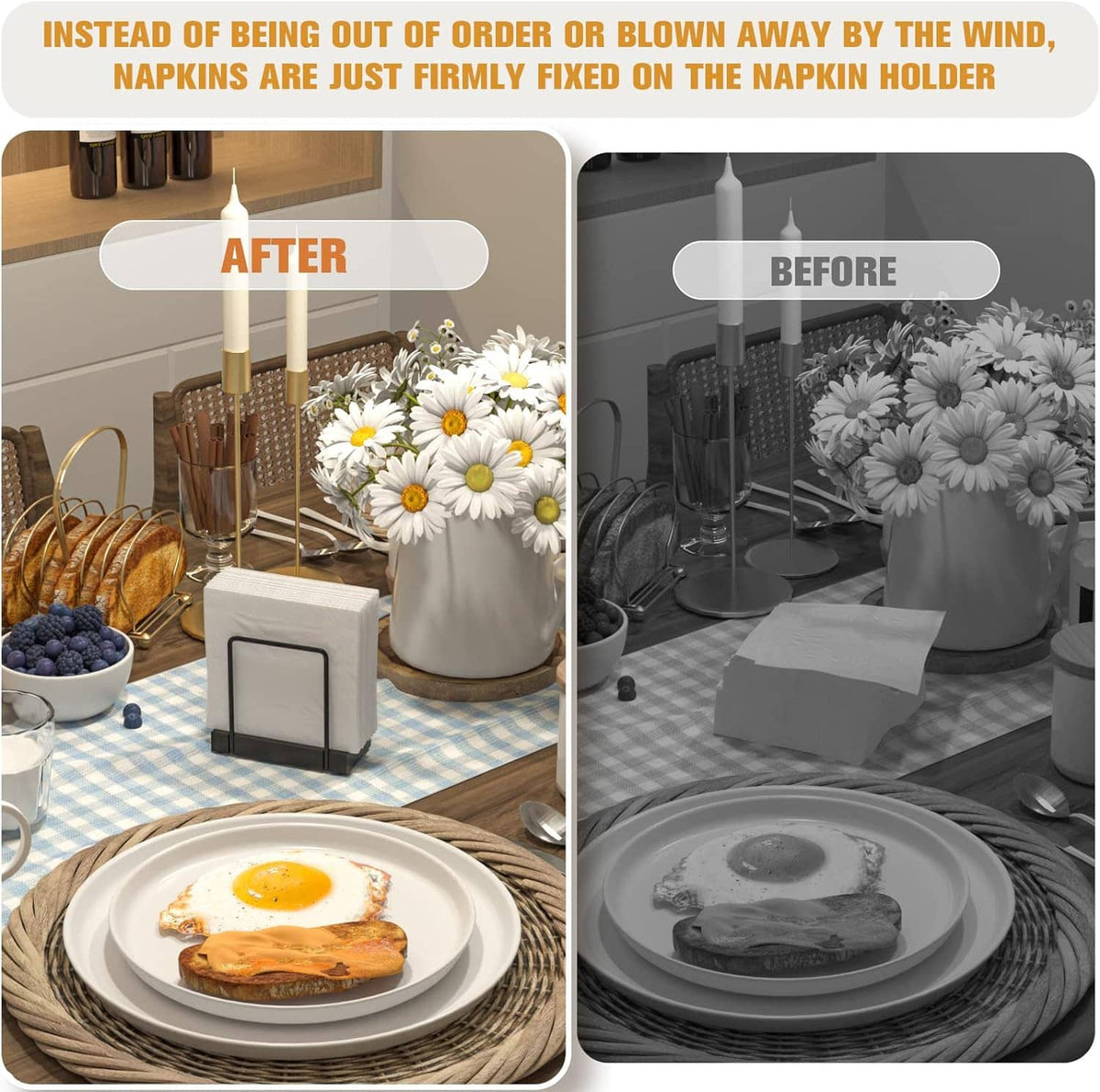 Napkin holder with white napkins secured on the holder stand for tabletop use.
