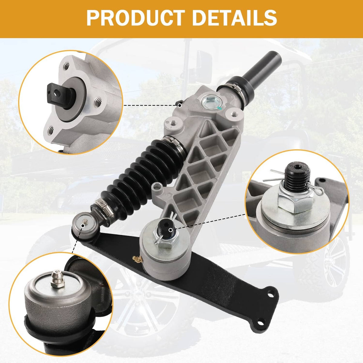 Steering gear box assembly with detailed mounting points and rubber boots