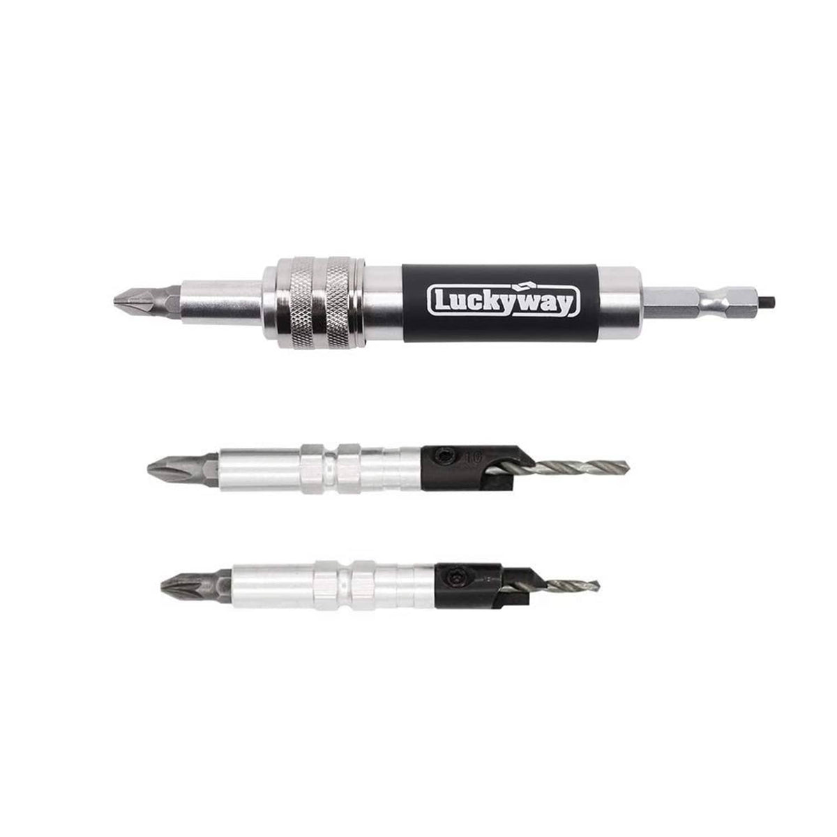 Countersink drill bit set with three interchangeable bits, hex shank tips, black accents