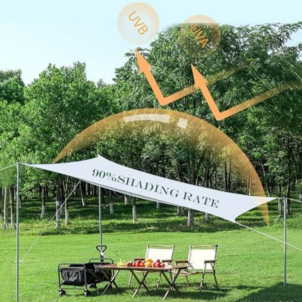 White shade net canopy stretched over outdoor frame, breathable sun cover