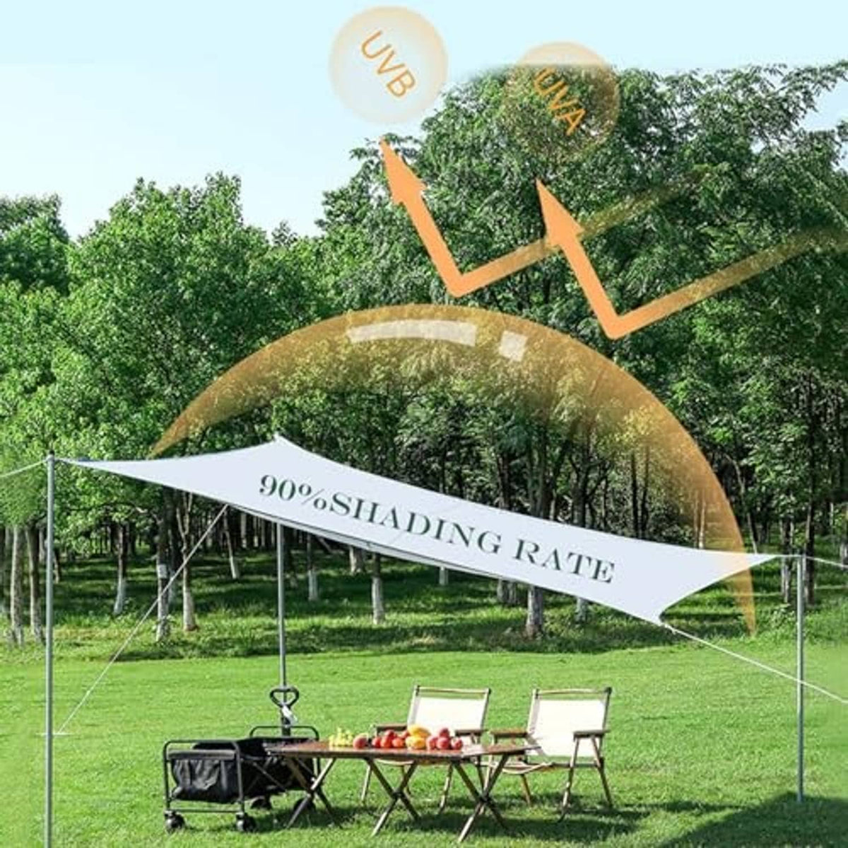 White shade net canopy stretched over outdoor frame, breathable sun cover