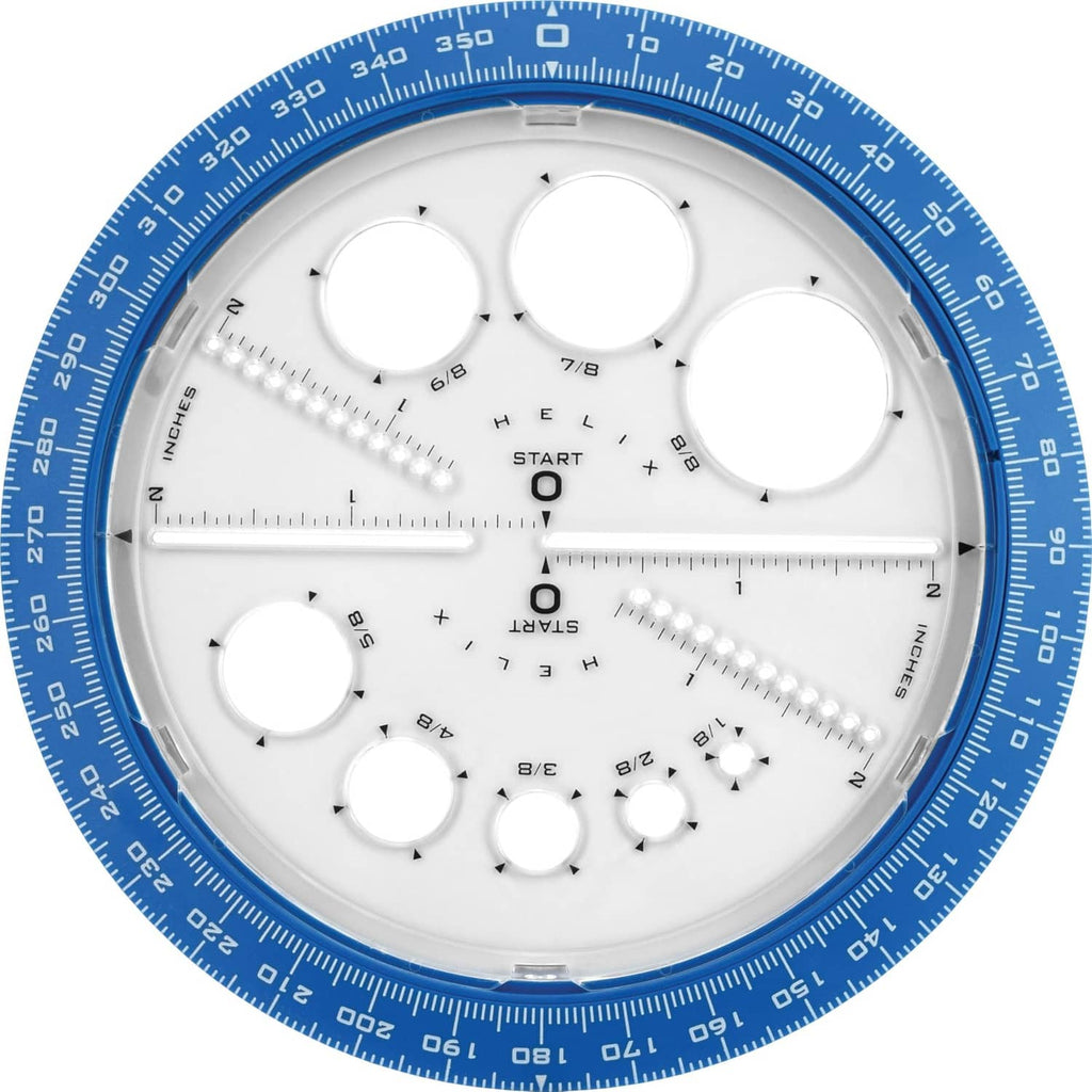 Angle and circle maker with blue protractor ring and white template disc with cutouts