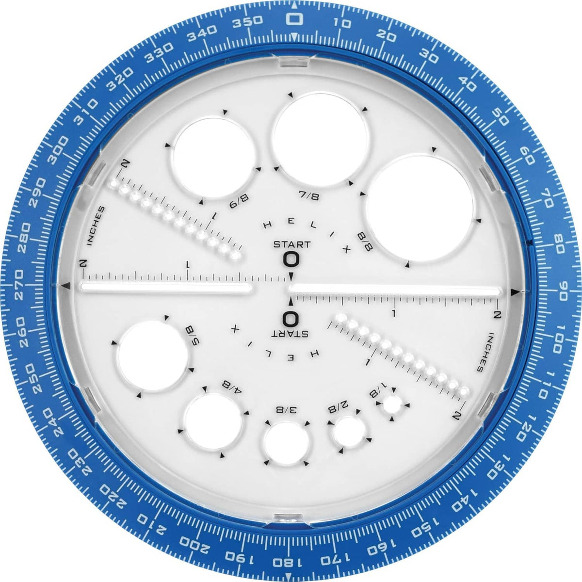 Angle and circle maker with blue protractor ring and white template disc with cutouts