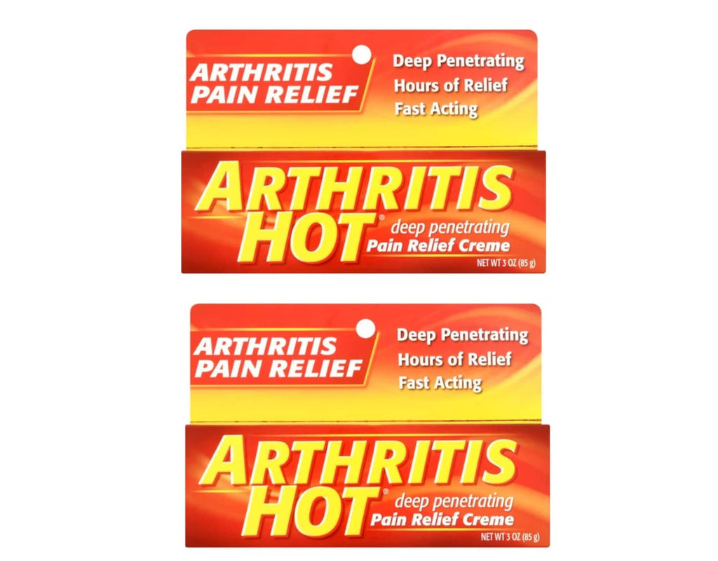 Pain relief creme boxes, two-pack, orange “Arthritis Hot” label, 3 oz each