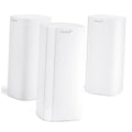 Three white mesh WiFi router nodes, one front and two behind, compact cylindrical design