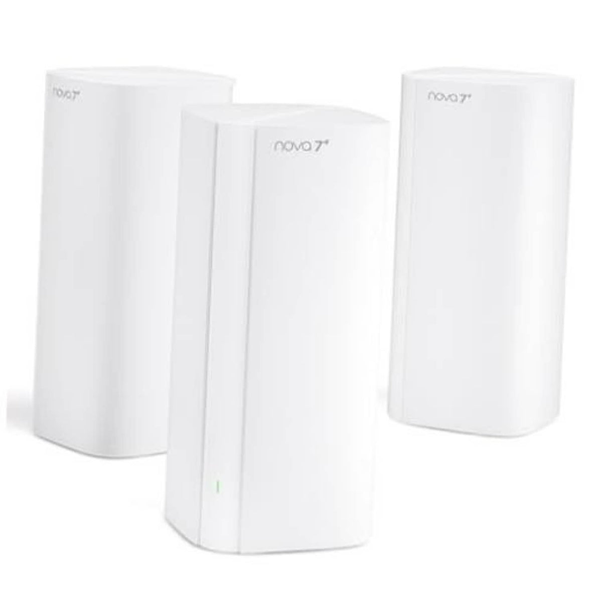 Three white mesh WiFi router nodes, one front and two behind, compact cylindrical design