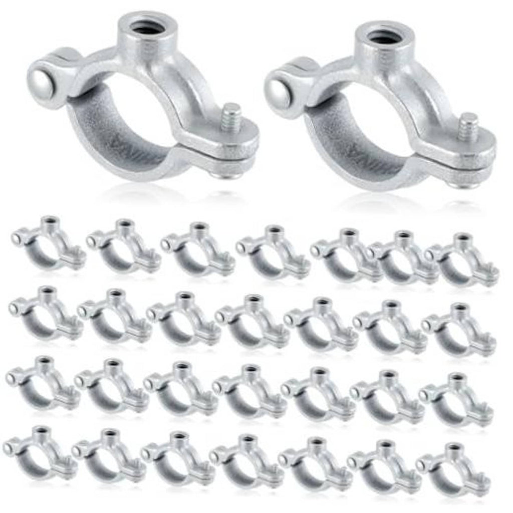 Set of silver galvanized split ring pipe hangers with threaded rod clamps