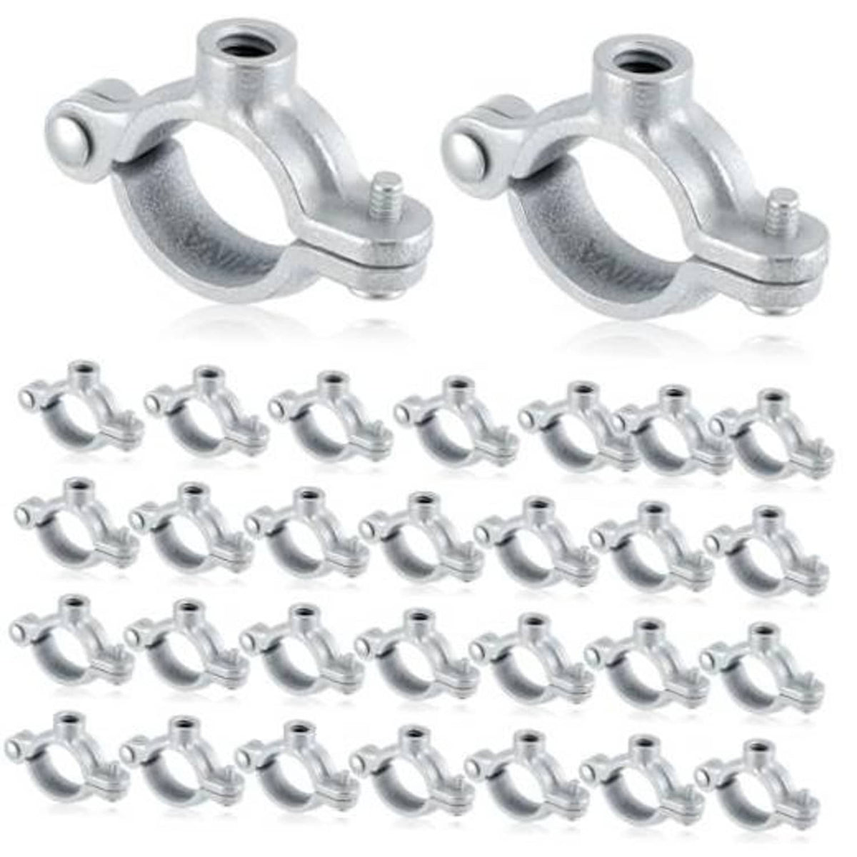 Set of silver galvanized split ring pipe hangers with threaded rod clamps