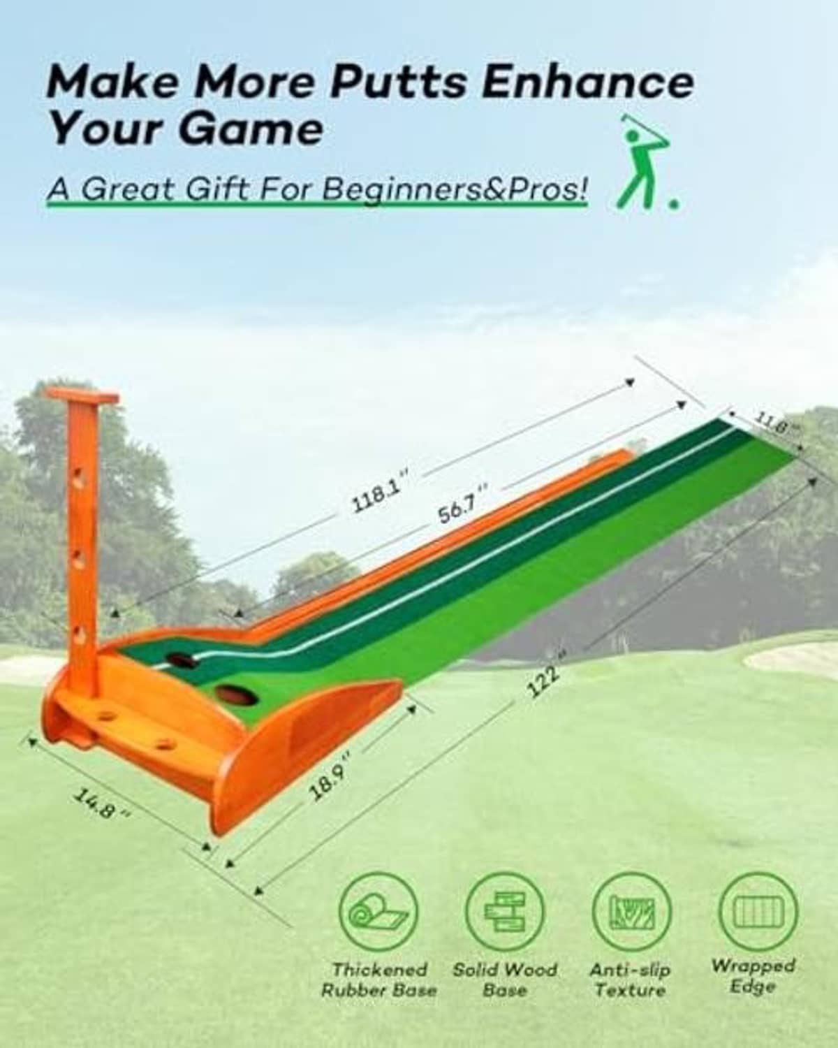 9 ft golf putting mat with green surface, orange wooden supports, anti-slip rubber base