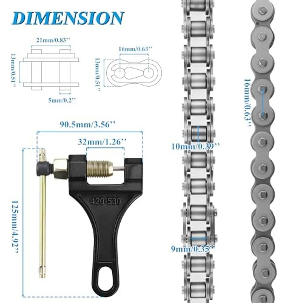 Motorcycle chain breaker tool with black handle and light gray drive chain links