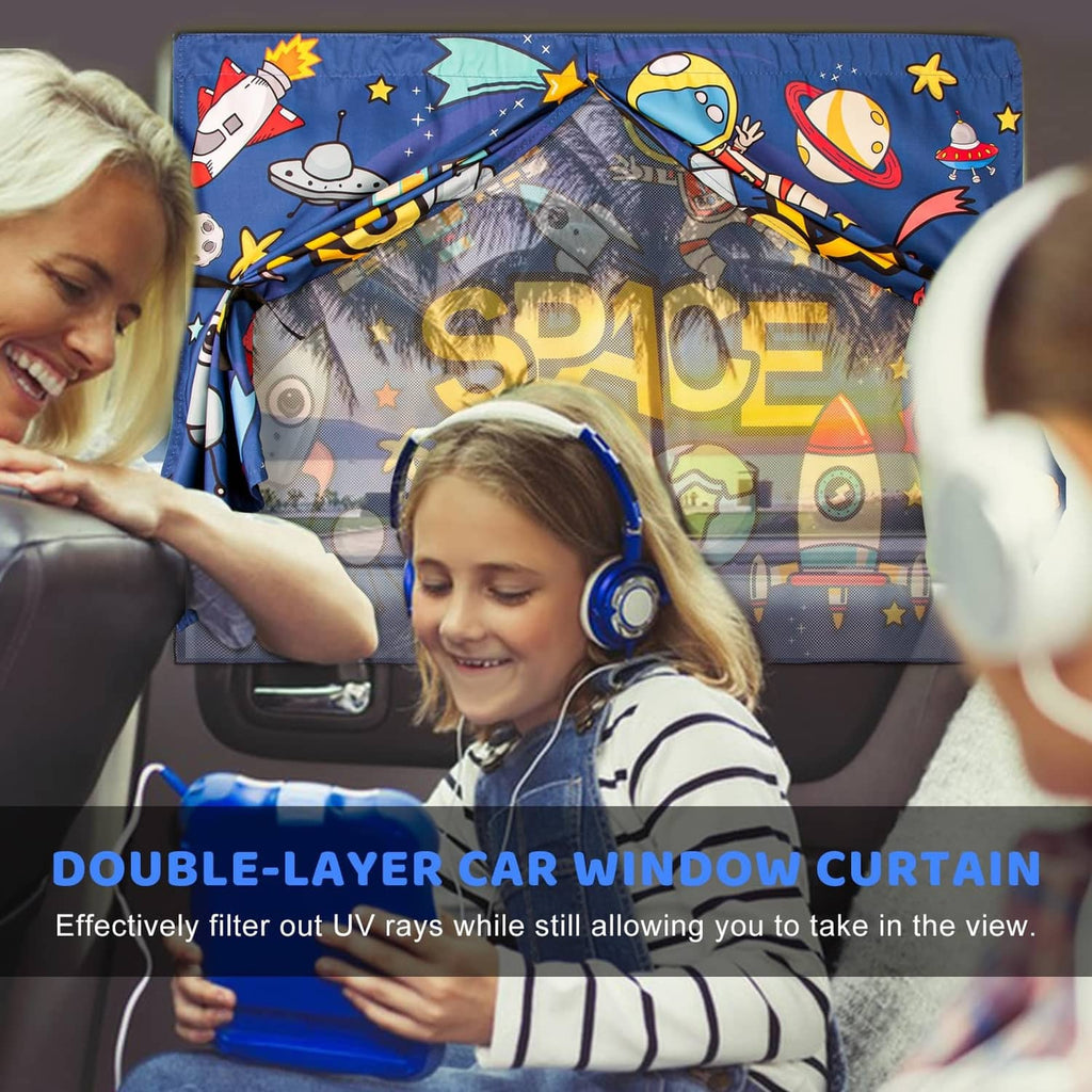 Blue space-pattern car window shade with double-layer curtain on side window