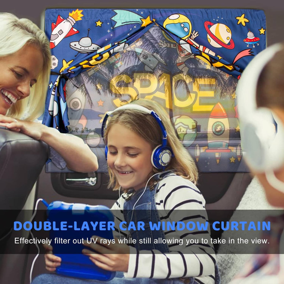 Blue space-pattern car window shade with double-layer curtain on side window