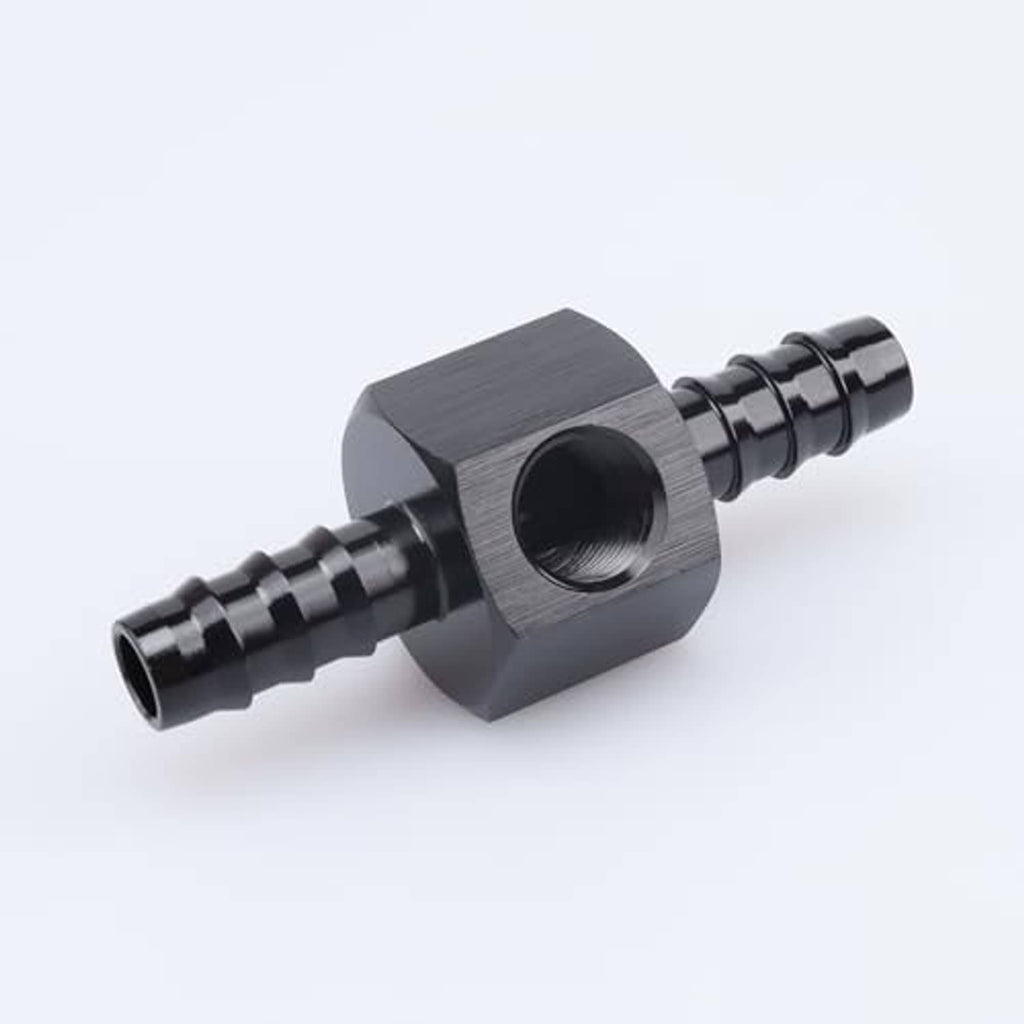 Black barbed NPT sensor gauge adapter fitting, front side view of threaded port