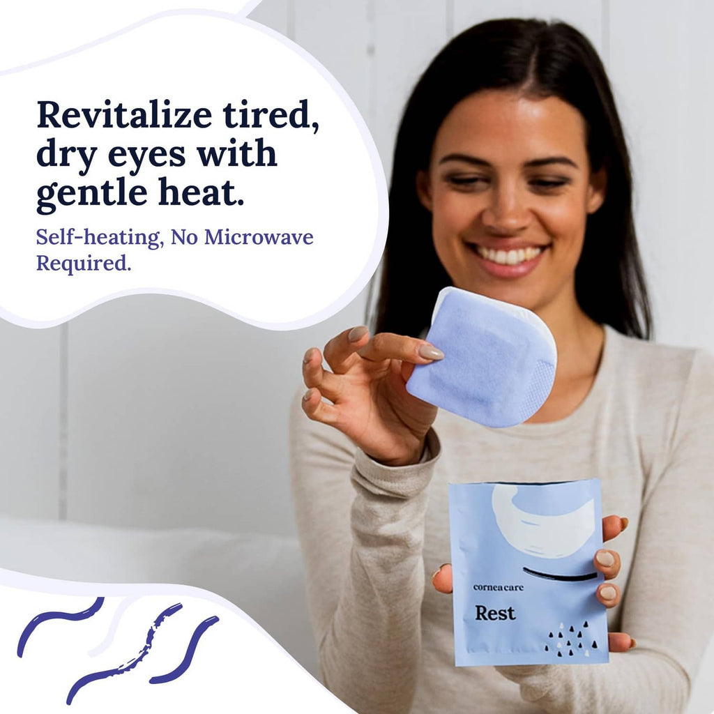 Self-heating warm eye mask held by a woman, light blue comfort pad for eyes