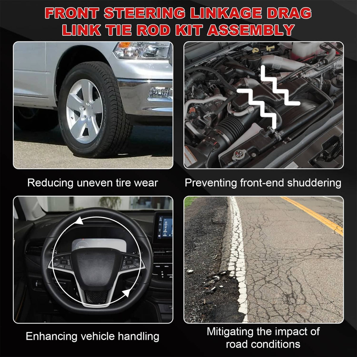 Front steering linkage drag link tie rod kit assembly with multiple bars and joints