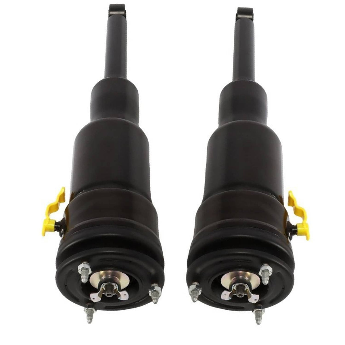 Pair of black rear air suspension strut assemblies with yellow clips and metal mounting hardware