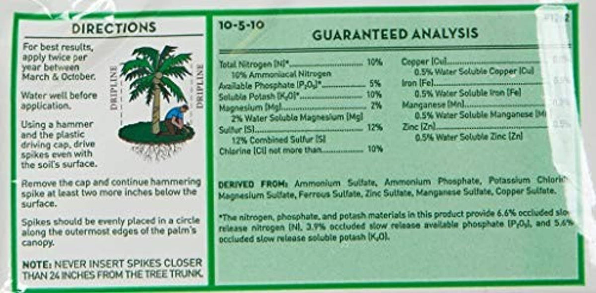 Jobe's fertilizer spikes label close-up with directions and 10-5-10 guaranteed analysis