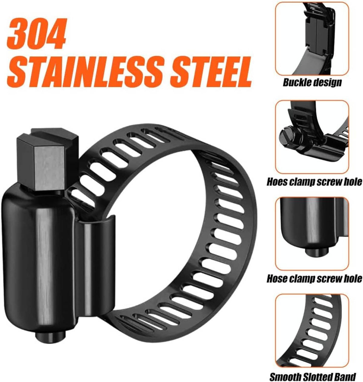 Black 304 stainless hose clamp with perforated band and screw housing, close-up