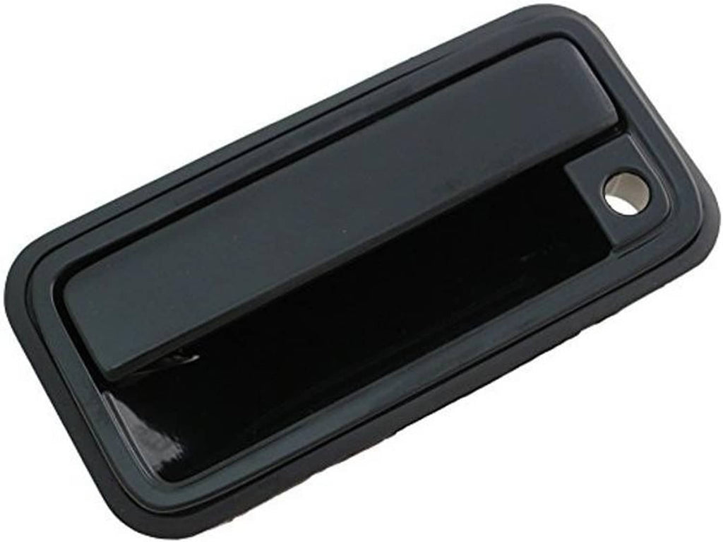Front left driver-side exterior door handle, angled view with dark bezel and round hole