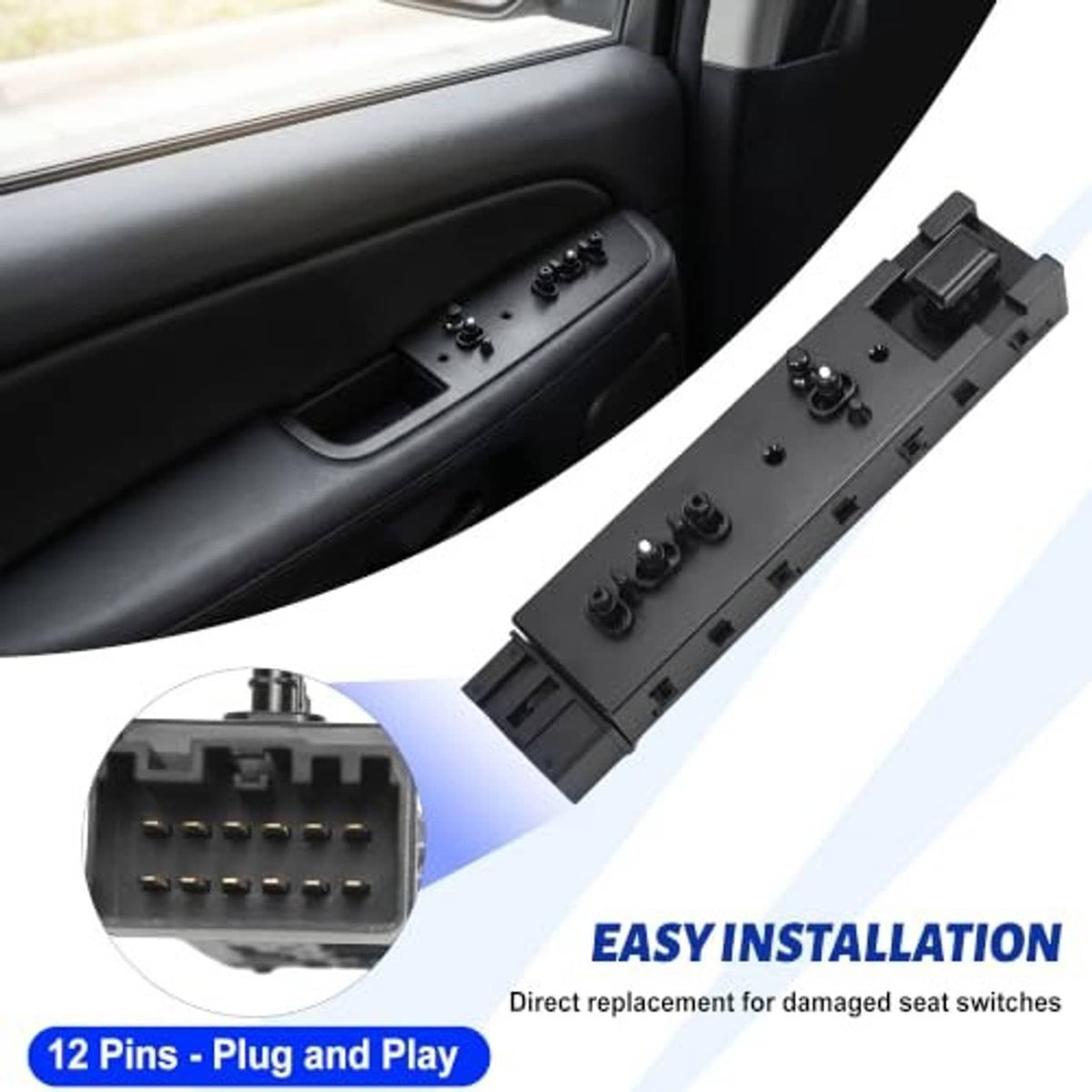 Power seat switch on black armrest panel with rocker buttons and plug connector
