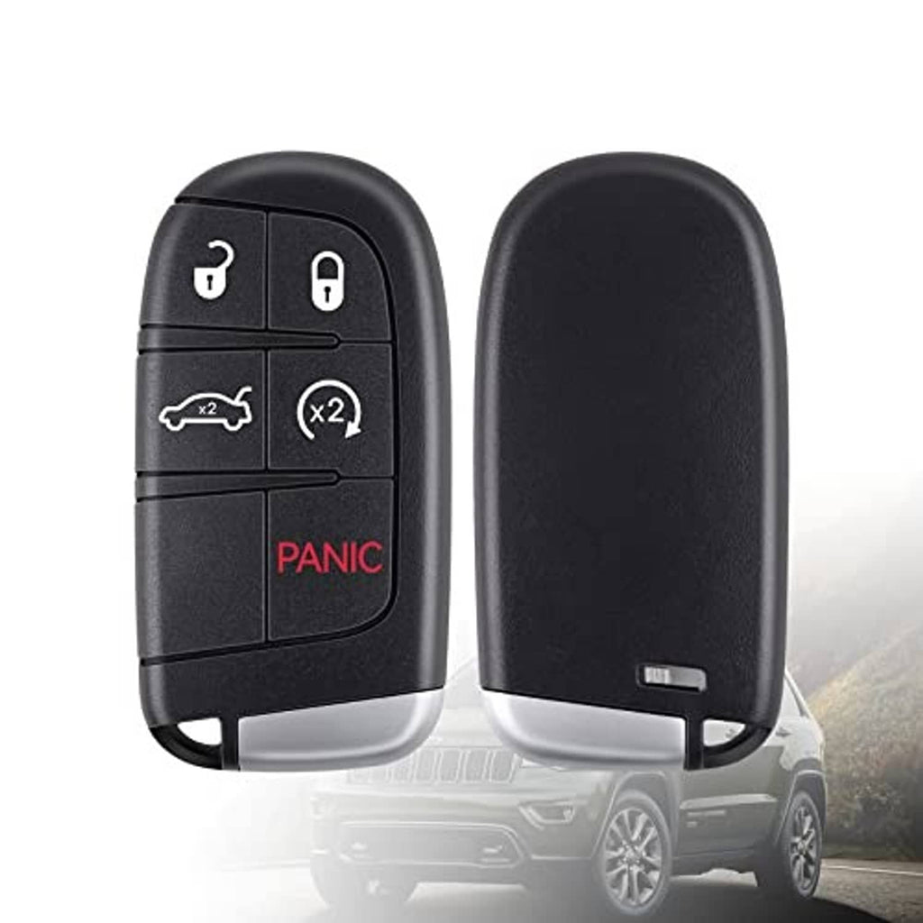Black key fob front and back case with lock, unlock, trunk, and panic button icons