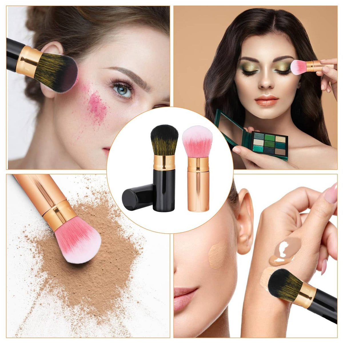 Retractable blusher brush with pink bristles and black-and-gold handle, applying blush