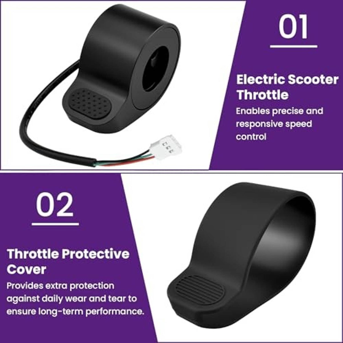 Black electric scooter thumb throttle with protective cover and three-wire connector