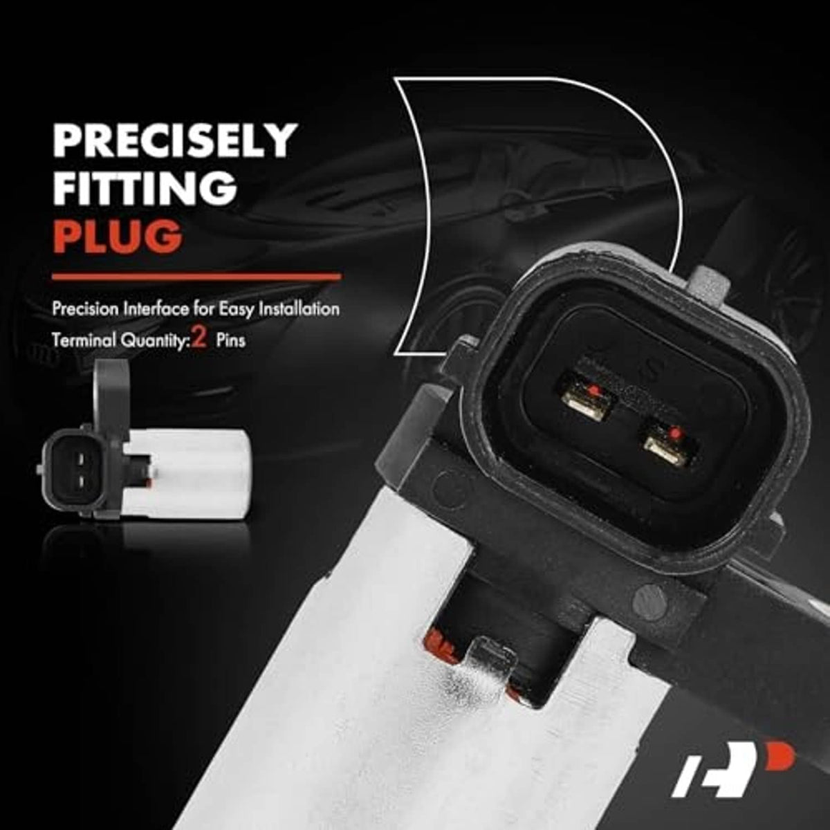 Engine camshaft position sensor connector end with two-pin terminals and housing