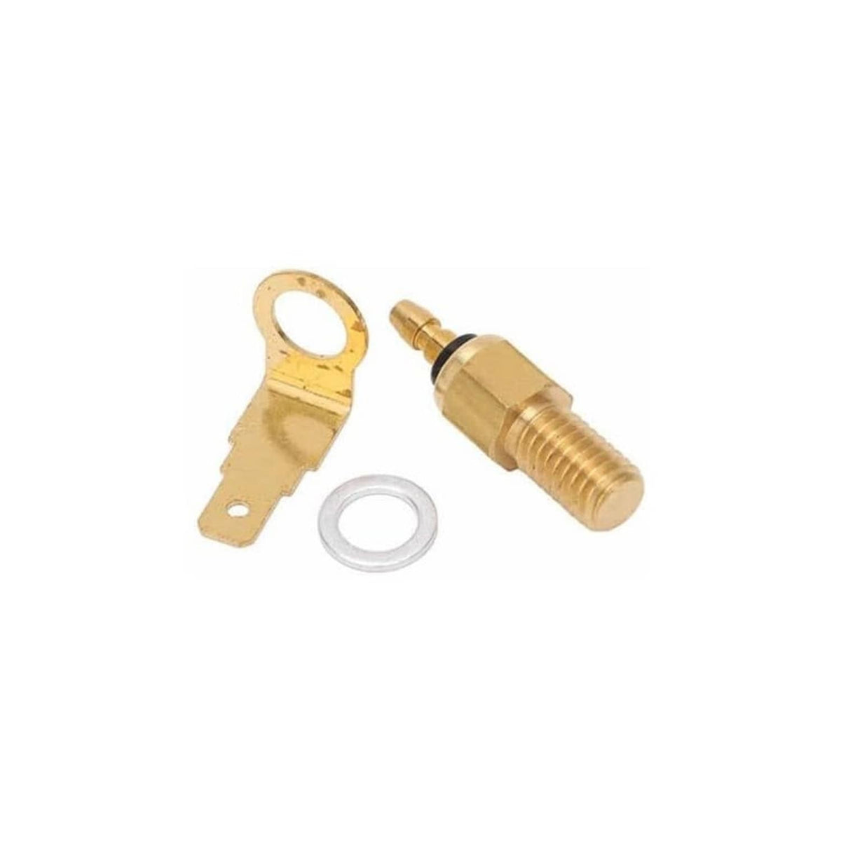 Brass carburetor valve parts: spade connector, threaded jet, and small gasket