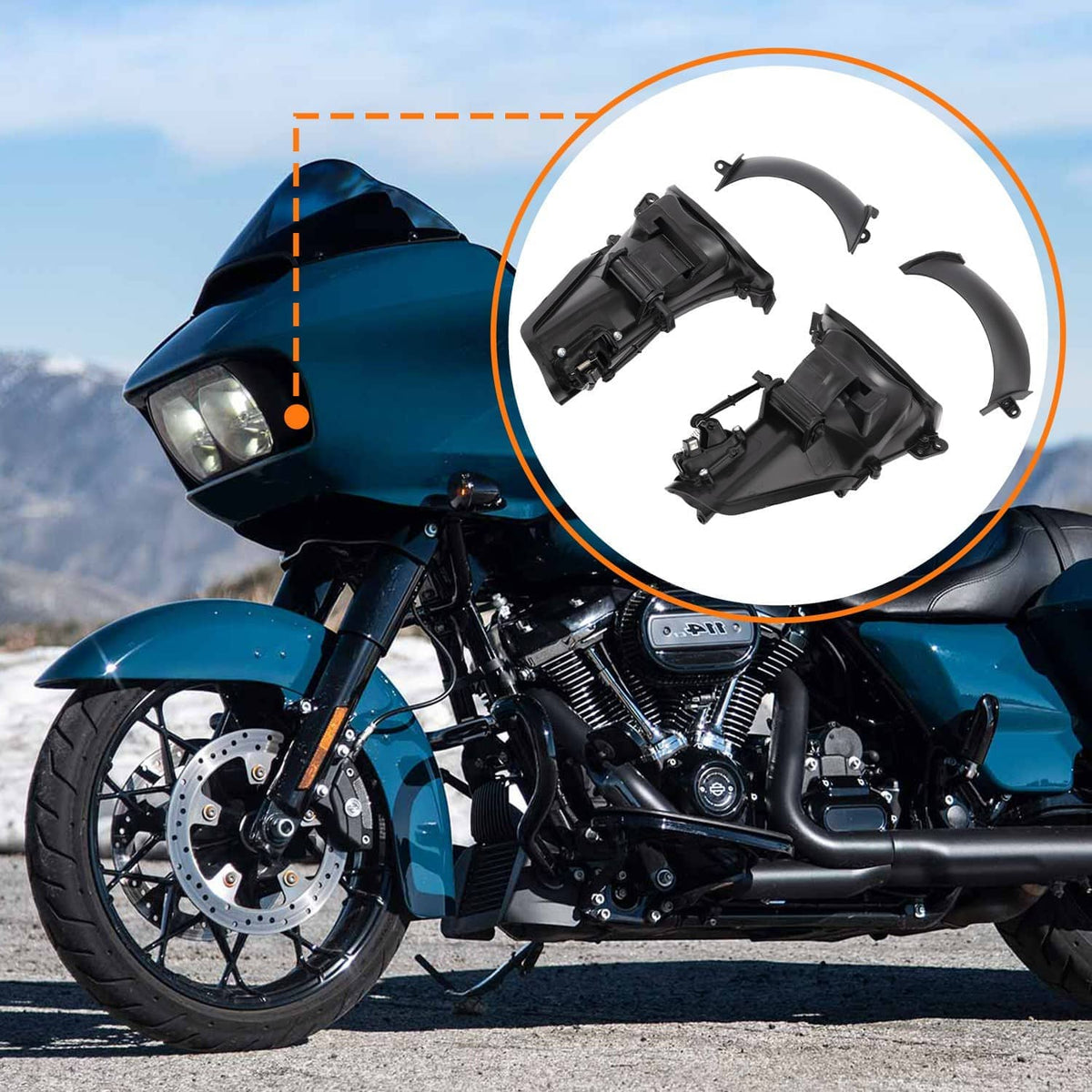 Motorcycle fairing air duct set, black ABS plastic pieces with curved mounting brackets