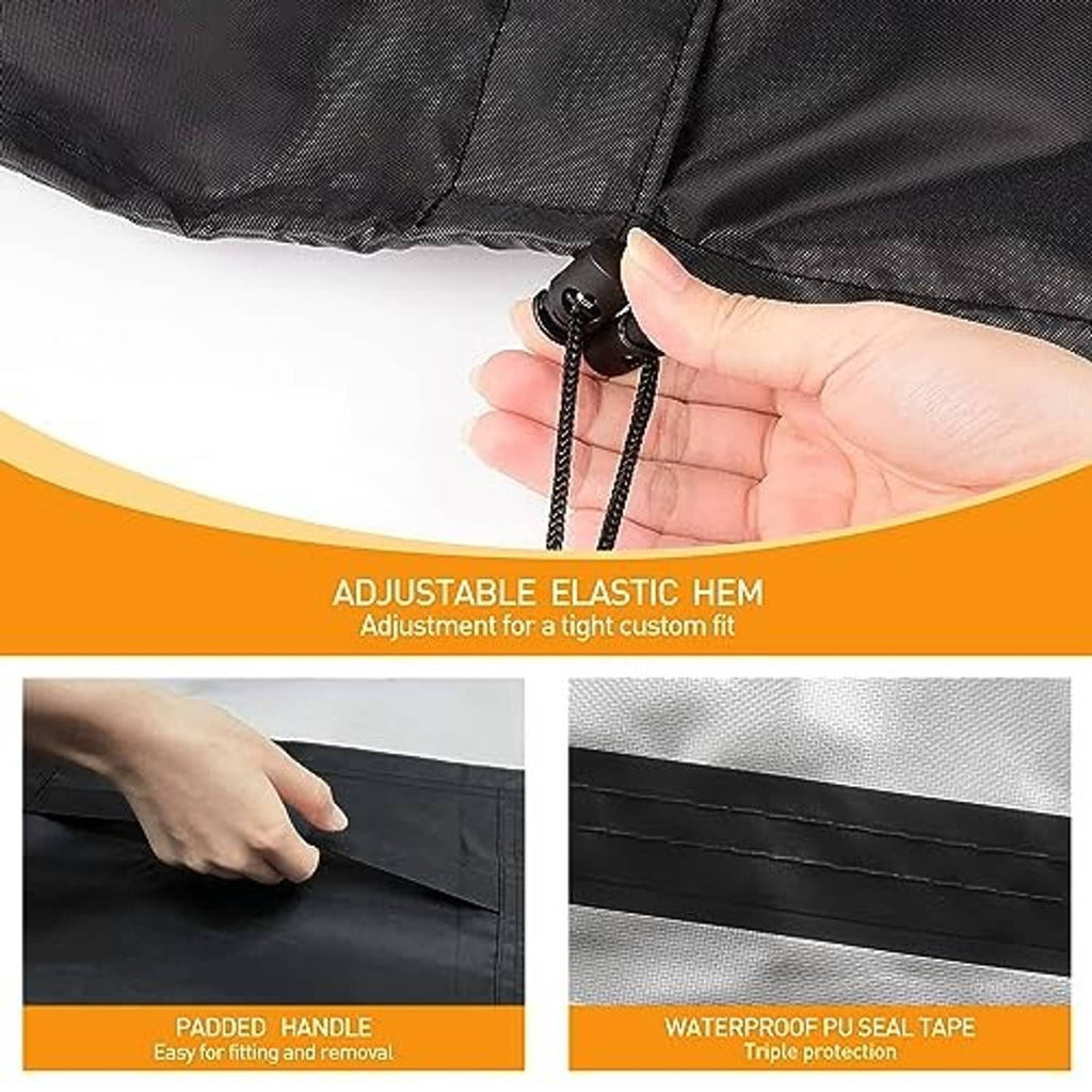Outdoor AC cover hem with adjustable elastic drawstring and padded edge detail