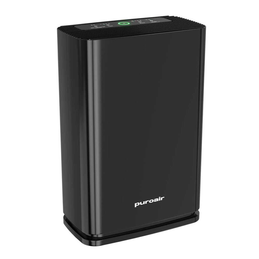 Black Puroair HEPA air purifier with front grille and control lights, compact tower design.
