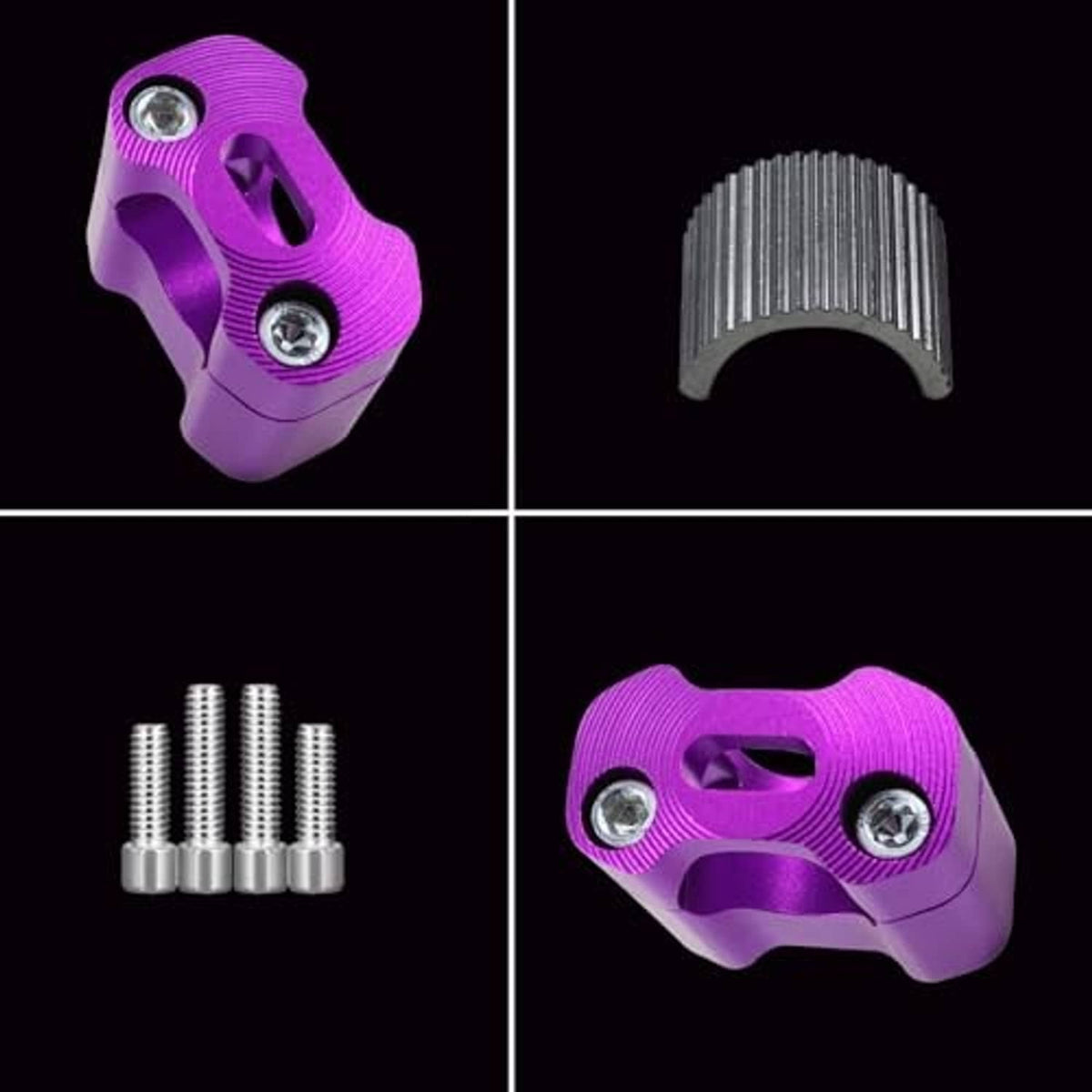 Purple CNC handlebar clamp set with gray grip inserts and mounting bolts