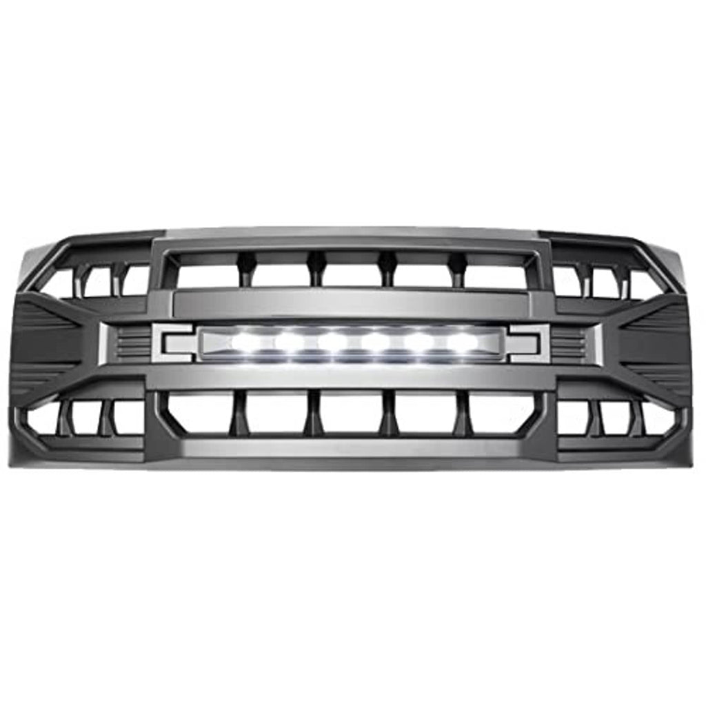 Matte black front grille with glowing LED light bar and open mesh frame