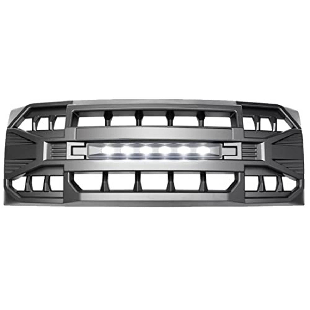 Matte black front grille with glowing LED light bar and open mesh frame