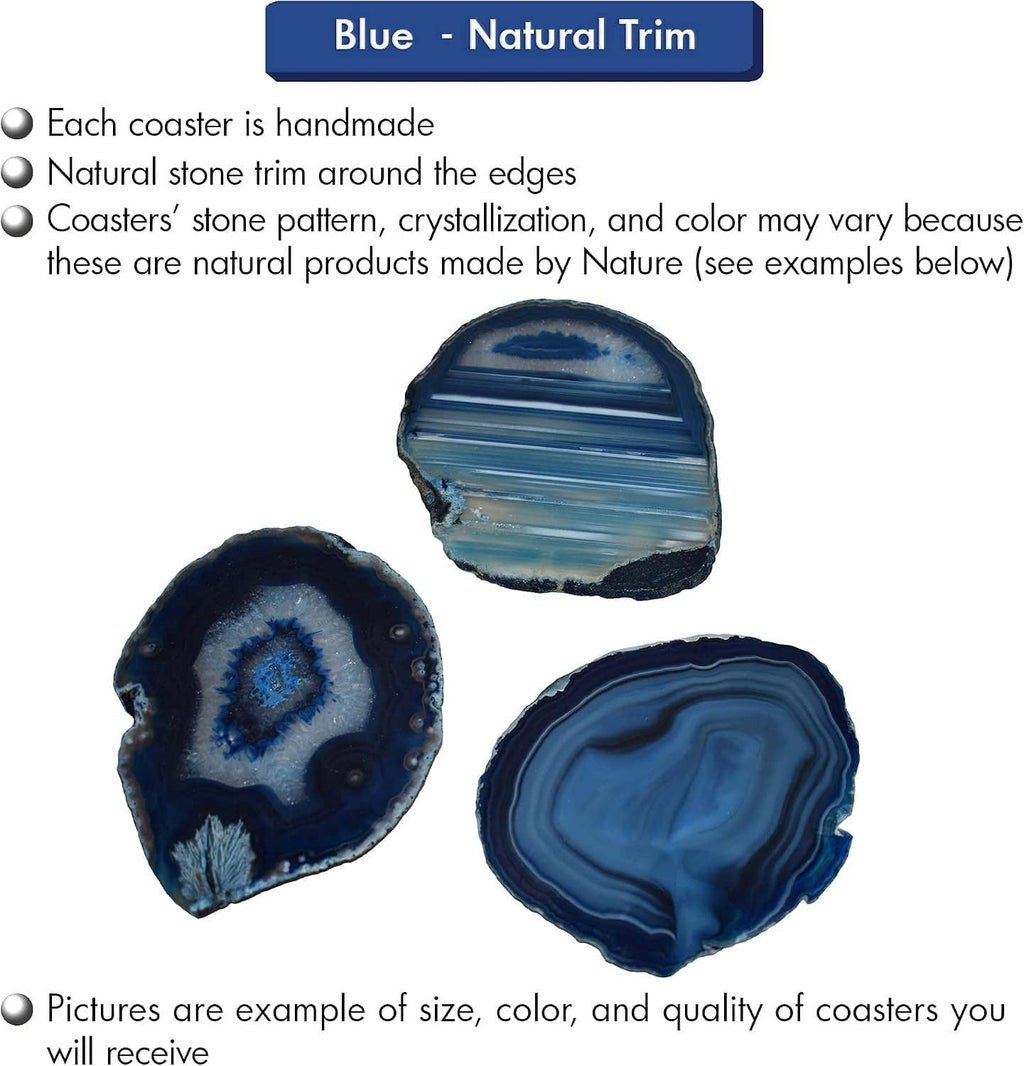 Blue agate coaster set with natural edge trim and swirling blue-white patterns